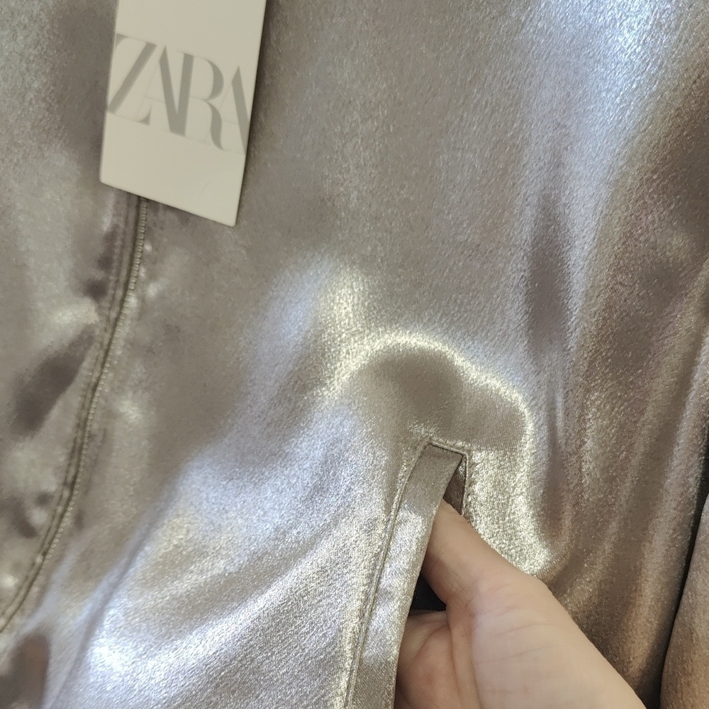 ZARA Metallic Silver Bomber Jacket - Women's Shimmer Finish - Picture 5 of 6